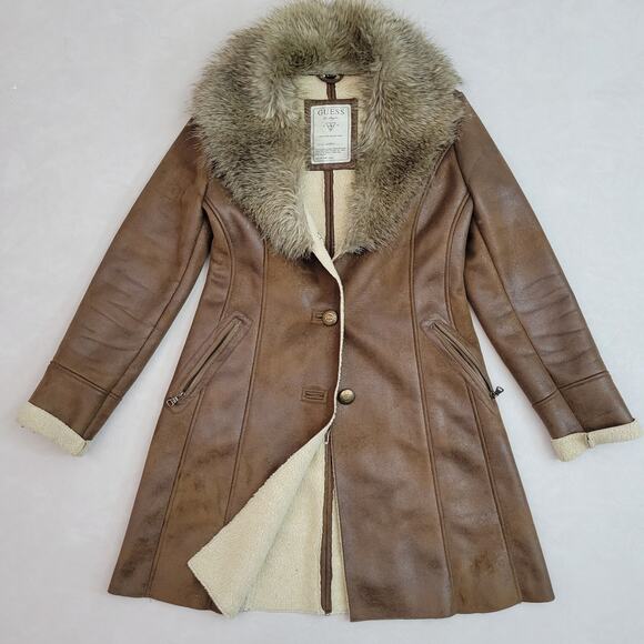 GUESS Jackets & Blazers - Guess Brown Faux Leather Knee Length Coat Faux Fur Collar Zip Pockets Small